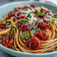 Cherry Tomato Confit Pasta glistening with garlic oil, ready to serve.