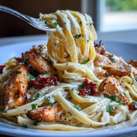 Creamy Marry Me Chicken Pasta in a rich sun-dried tomato sauce, topped with basil.