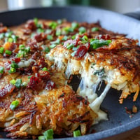 Loaded hash brown skillet with crispy bacon, melty cheese, and perfectly runny eggs.